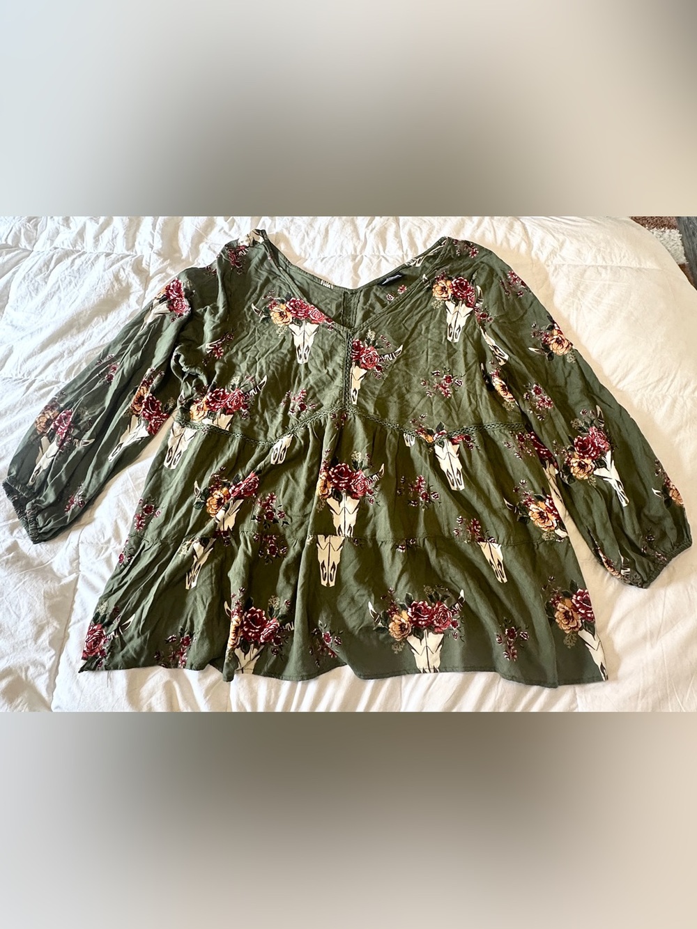 Angie Olive Green Floral Skull Tiered Blouse